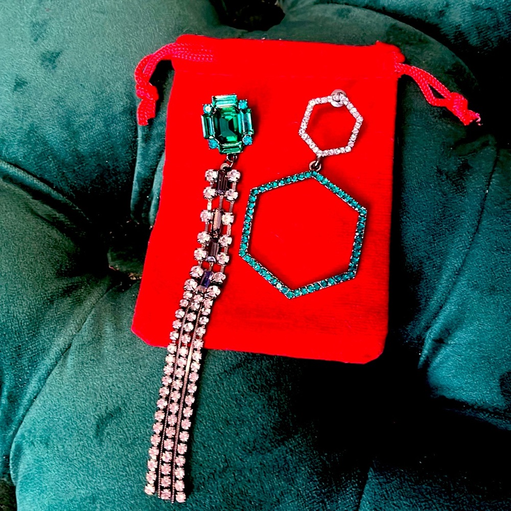 Mismatched Earring Set. Beautiful Emerald Green and Silver Crystals.